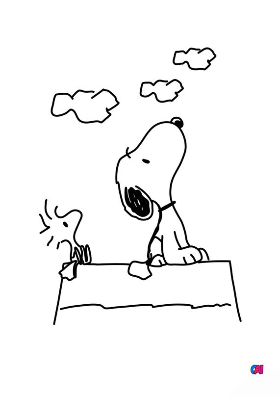 Coloriage Snoopy   imprimer Snoopy  et Woodstock sur la niche